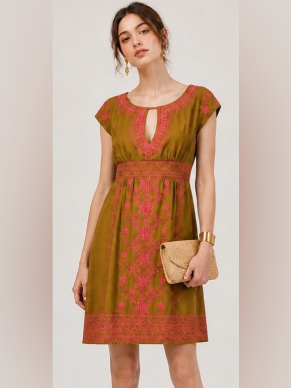 NANETTE LEPORE Dress Embroidered 100% Silk Green Pink Empire Cap Sleeves Sz 0
